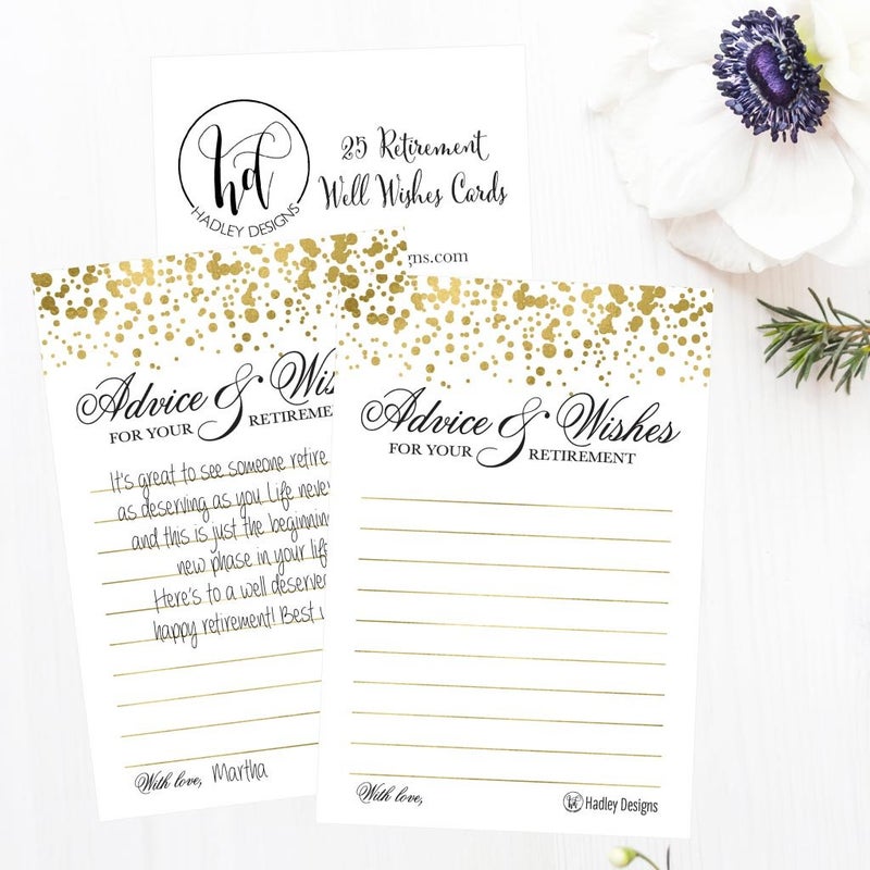 Hadley Designs 25 Gold Retirement Party Advice Card, Supplies and Decoration Happy Retiree Celebration Gift, Bucket List Wish Jar, Personalized Officially Retired Centerpiece - Image 2